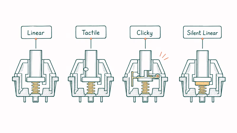 Cross sections of linear tactile clicky and silent mechanical keyboard switches with labeled feel differences
