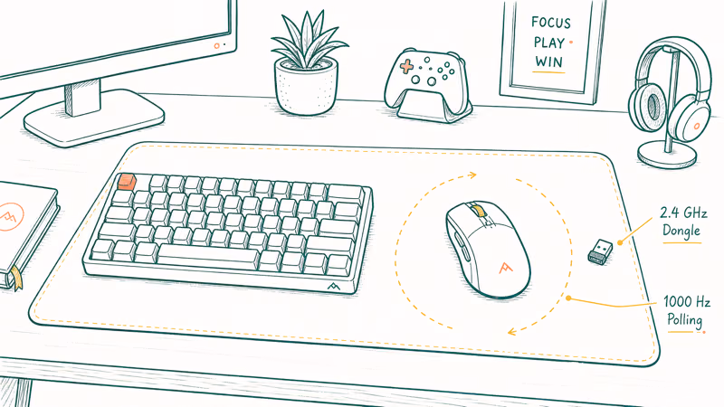 Tenkeyless gaming keyboard with mouse swing room a wireless dongle and a polling rate label