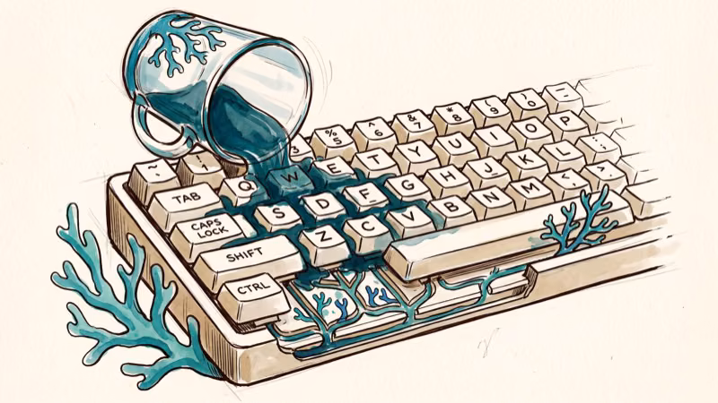 Water being spilled on a membrane keyboard demonstrating IP42 spill resistance