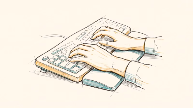 Hands typing on a membrane keyboard with wrist rest for comfortable gaming sessions