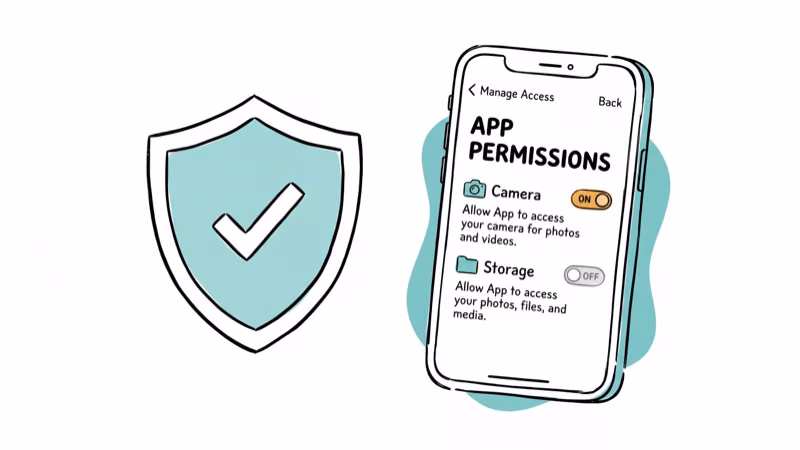 Shield icon next to phone showing app permission toggles for camera and storage
