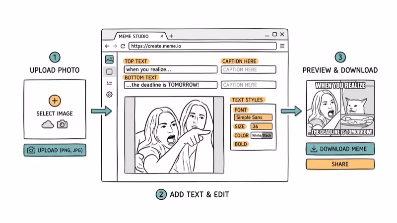 Browser window showing meme creation workflow with photo upload and text overlay steps