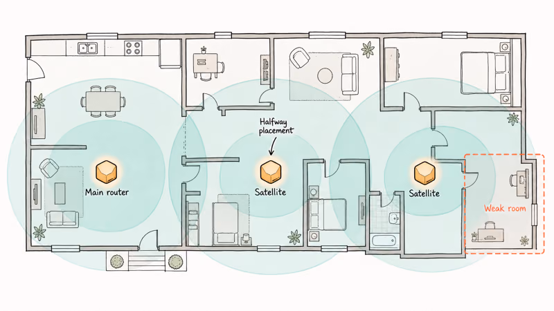 Floor plan showing three mesh Wi-Fi nodes placed as stepping stones across rooms