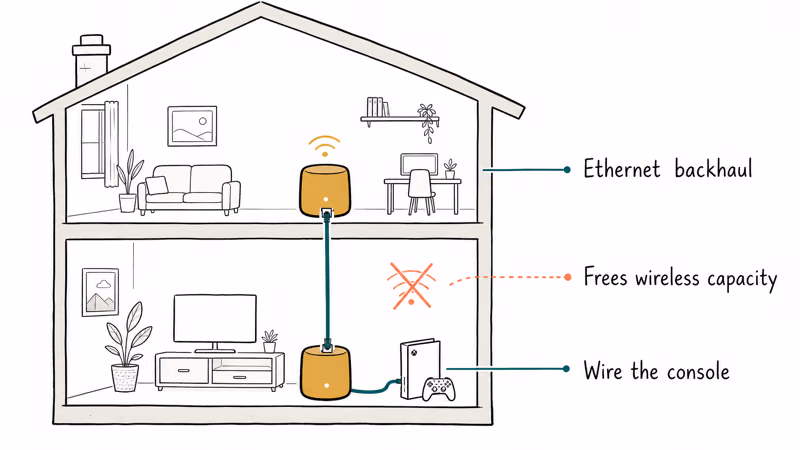 Two mesh nodes on separate floors linked by an Ethernet wired backhaul cable