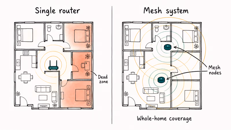 Home floor plan showing weak Wi-Fi dead zones a single router cannot reach