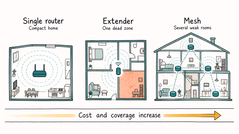 Three Wi-Fi fixes compared: single router, extender, and mesh by room coverage