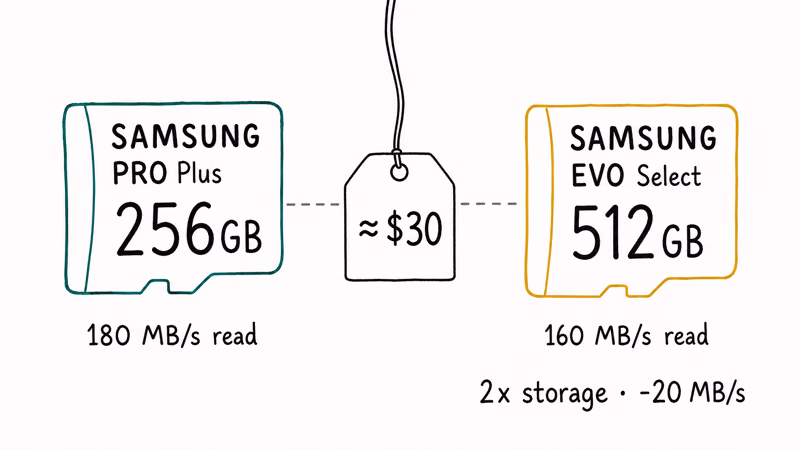 Side-by-side microSD cards showing 256GB versus 512GB capacity at the same price point