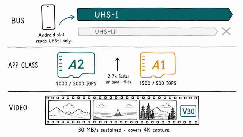 Diagram comparing UHS-I bus speed, A2 random IOPS rating, and V30 video class minimums