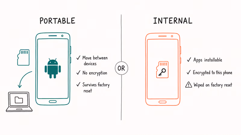 Two Android phones illustrating portable storage and internal storage format options with their tradeoffs