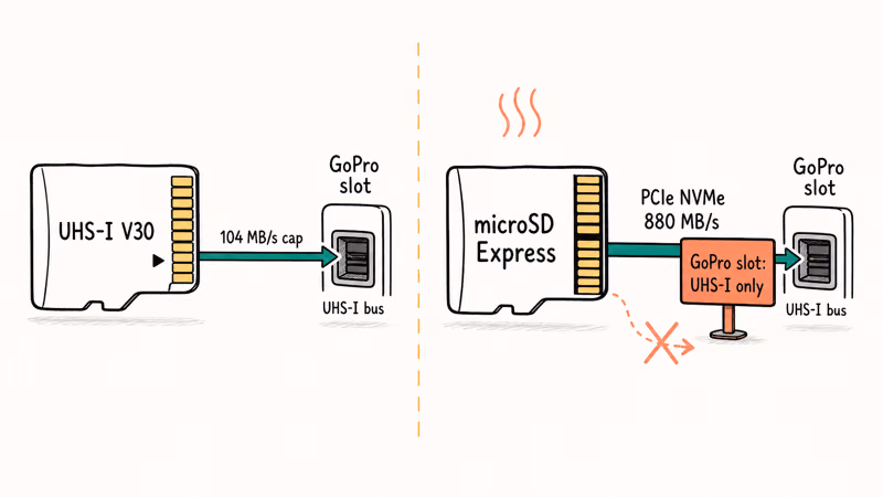 Two microSD cards beside a GoPro slot showing UHS-I 104 MB/s cap versus blocked Express PCIe pipe