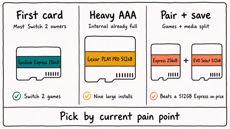 Three Switch 2 card buying paths: first card, heavy AAA, and budget media pairing.