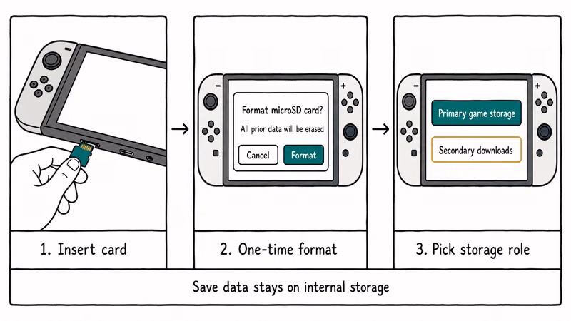Three-step Switch 2 microSD Express card setup showing insert, format, and storage role choice.