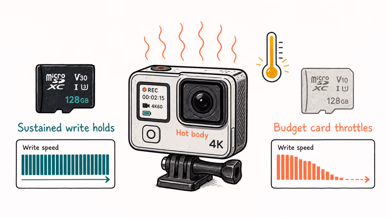 Hand-drawn action camera with heat lines showing one microSD card holding sustained write speed