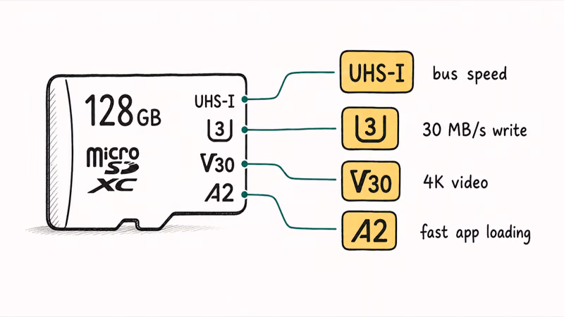 Hand-drawn microSD card with callouts decoding the UHS-I, U3, V30, and A2 ratings