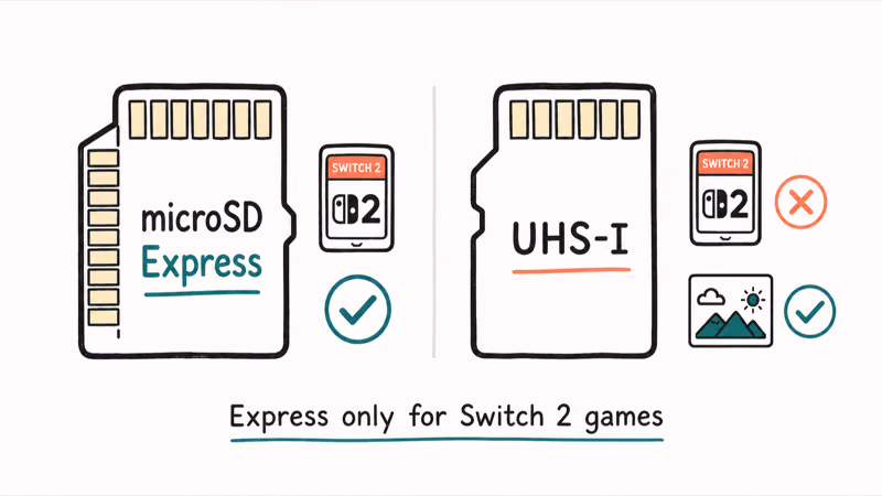 Hand-drawn microSD Express card versus a UHS-I card showing which one runs Switch 2 games
