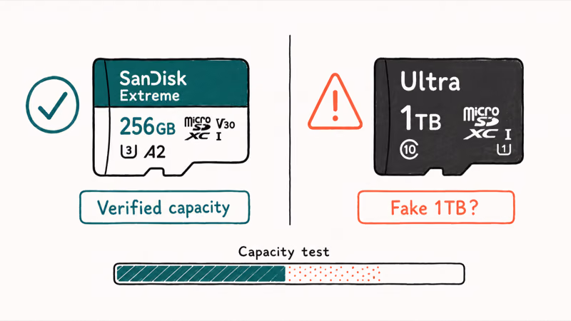 Hand-drawn genuine microSD card versus a fake card with a capacity verification test below