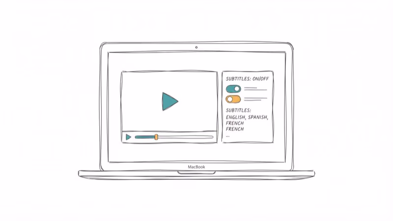 Mac laptop screen displaying video player with playback controls and subtitle toggle