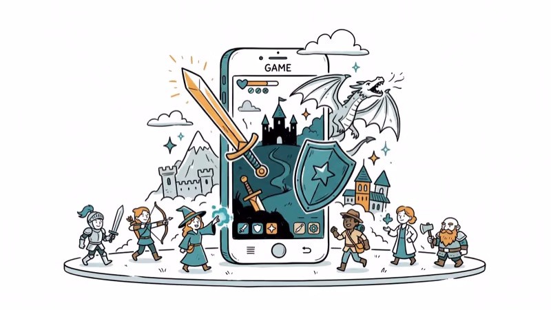 Hand-drawn mobile phone displaying fantasy MMORPG world with character avatars