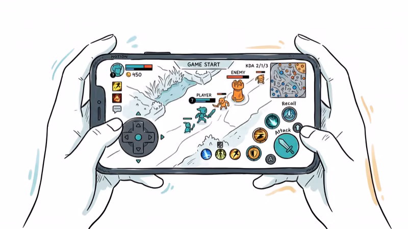 Smartphone held in hands showing mobile MOBA game interface with virtual joystick controls