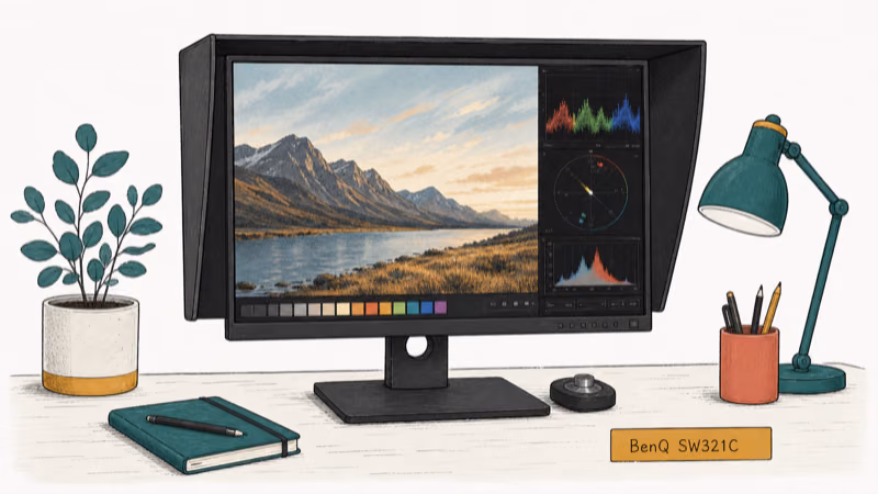 Hand-drawn illustration: BenQ SW321C