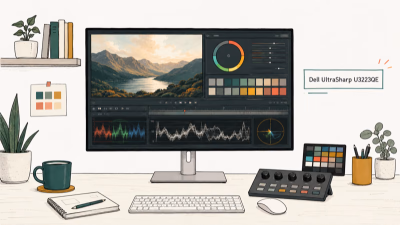 Hand-drawn illustration: Dell UltraSharp U3223QE