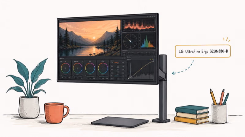 Hand-drawn illustration: LG UltraFine Ergo 32UN880-B