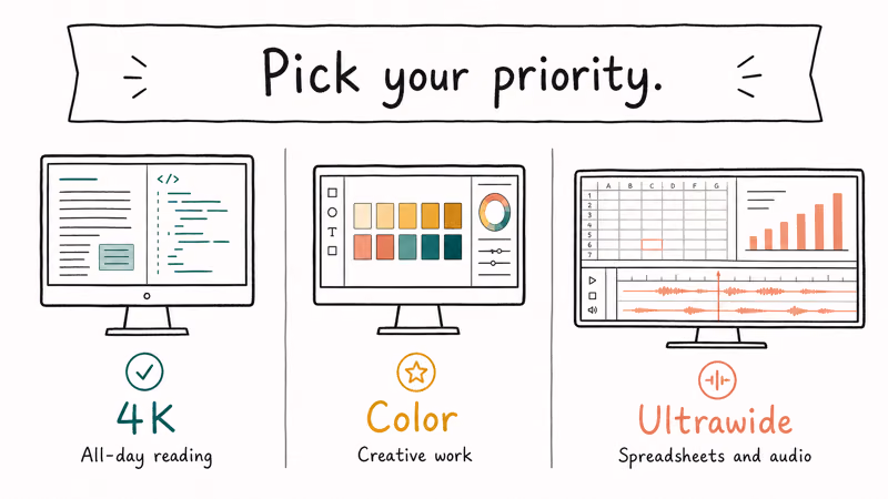 Hand-drawn three-column guide matching 4K, color accuracy, and ultrawide monitors to work types