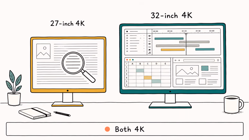 Hand-drawn 27-inch versus 32-inch 4K monitors comparing text sharpness against extra desktop workspace