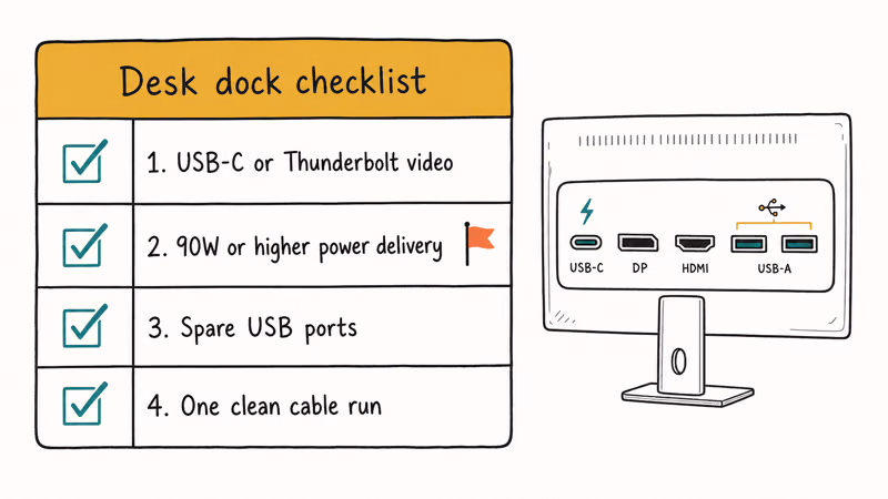Hand-drawn checklist of monitor port and power delivery requirements for a MacBook Pro desk