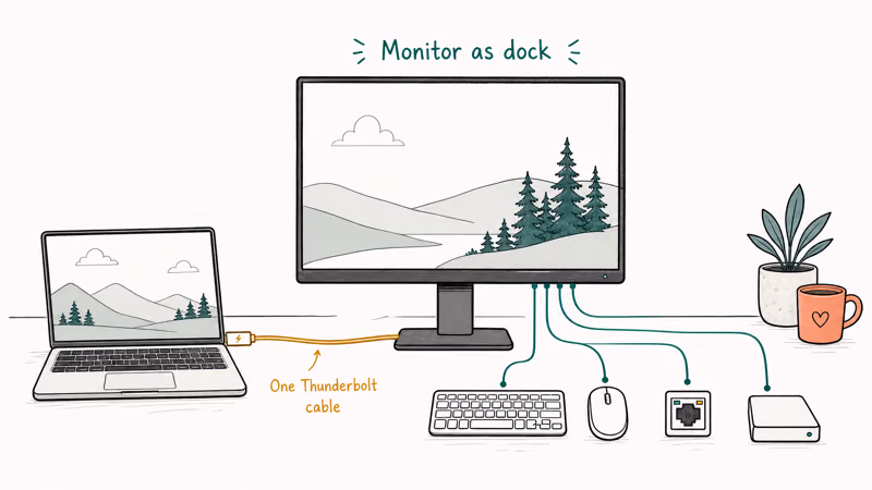Hand-drawn MacBook linked by one Thunderbolt cable to a monitor acting as desk dock hub