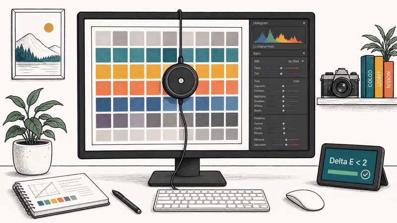 Colorimeter measuring color accuracy on a monitor displaying test swatches with a Delta E reading