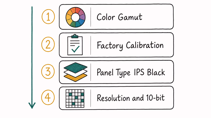 Ranked cards listing photo editing monitor specs from color gamut to resolution and bit depth