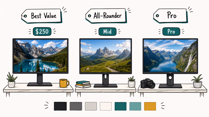 Three photo editing monitors side by side showing vivid landscape photos with budget tier labels
