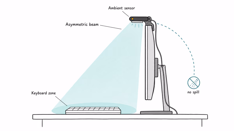 Asymmetric monitor light bar beam directed forward onto keyboard while screen stays glare-free
