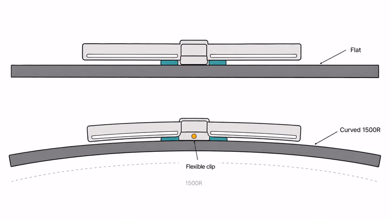 Flexible monitor light bar clip conforming to a curved ultrawide monitor bezel