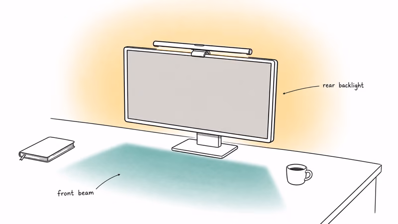 Hand-drawn monitor light bar with forward beam on desk and warm rear backlight on wall