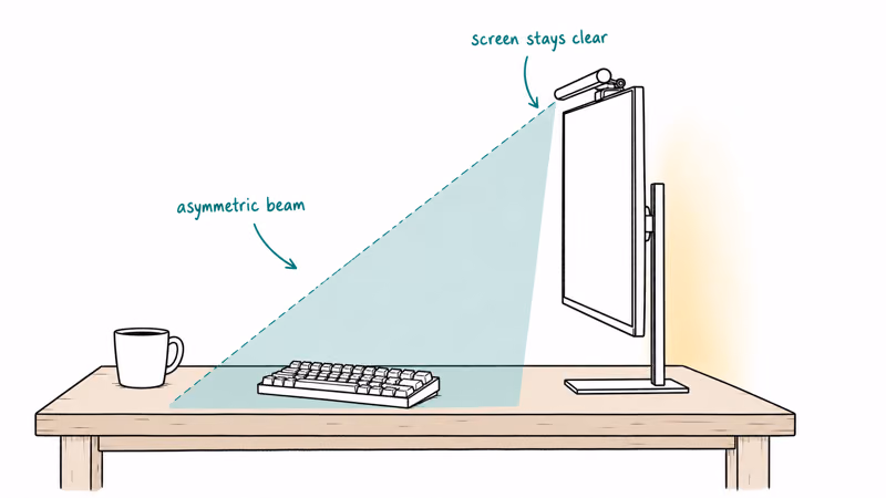 Hand-drawn desk side view showing asymmetric light bar beam landing on keyboard not screen