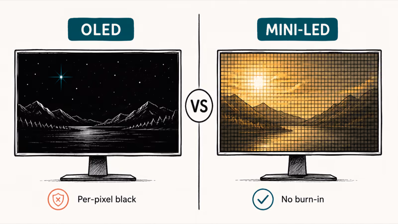 Side by side hand-drawn panels showing OLED deep blacks versus mini-LED bright burn-in-free display