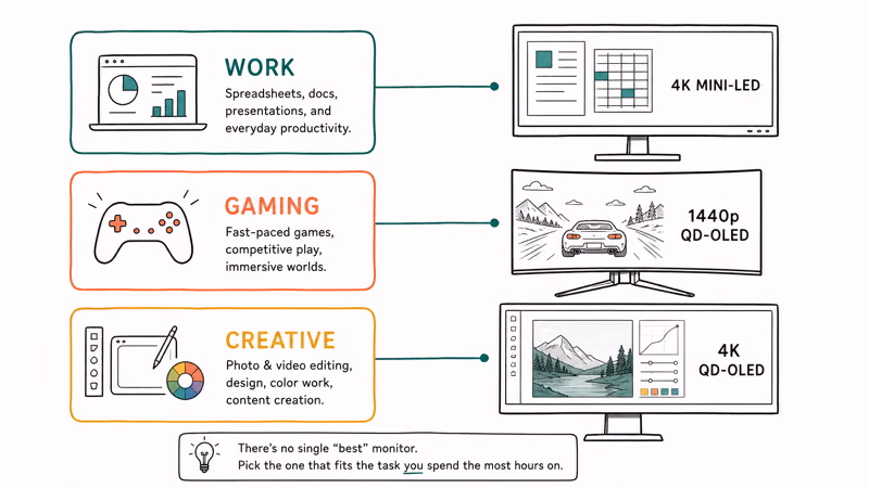 Hand-drawn chart matching monitor picks to work, gaming, and creative editing tasks