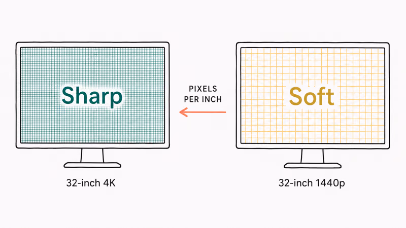 Illustration comparing pixel density on a 32-inch 4K screen versus a 1440p screen