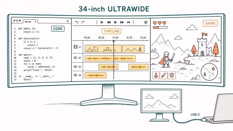 Hand-drawn ultrawide monitor showing wide horizontal workspace with coding windows and video timelines