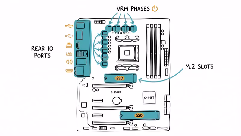 Motherboard layout diagram highlighting VRM phases, M.2 slots, and rear IO ports