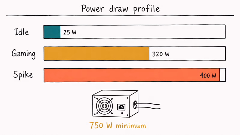 Bar chart showing RTX 3080 idle gaming and spike power draw with a 750 W PSU minimum recommendation