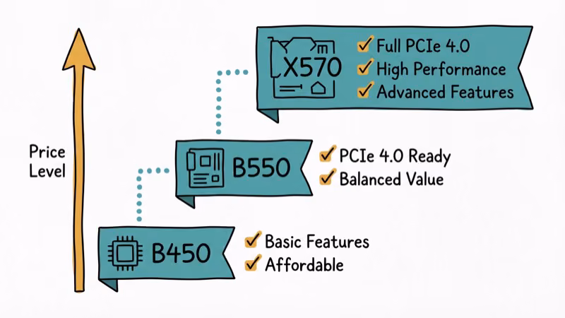 B450, B550, and X570 chipset tier comparison arranged by price with feature indicators