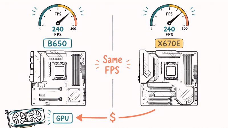 Side by side chart showing B650 and X670E boards reaching identical gaming frame rates