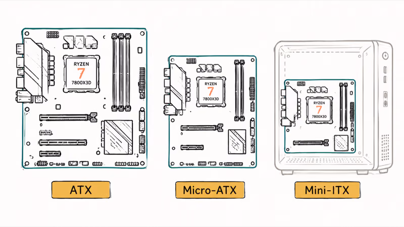 Three motherboard sizes ATX Micro-ATX and Mini-ITX compared for a Ryzen gaming build