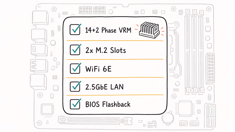 Checklist of key motherboard features including VRM phases M.2 slots WiFi and BIOS Flashback