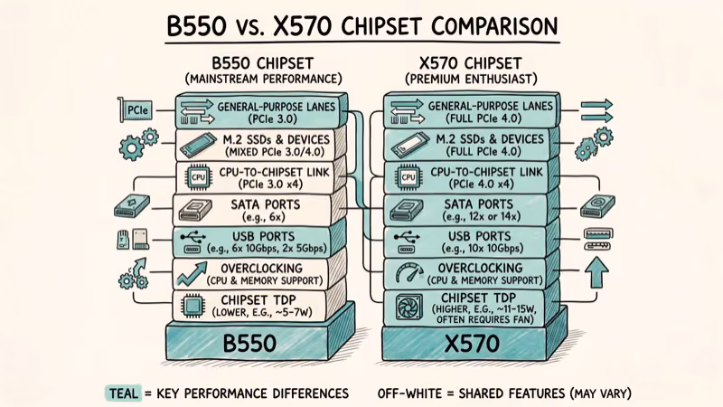 B550 versus X570 chipset tier comparison for Ryzen 5800X builds