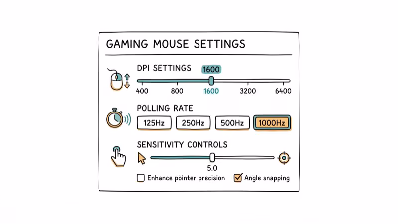 Gaming mouse settings panel with DPI and polling rate sliders and sensitivity controls