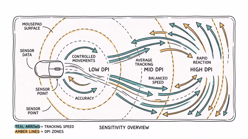Mouse sensor diagram showing DPI sensitivity zones and tracking speed arrows